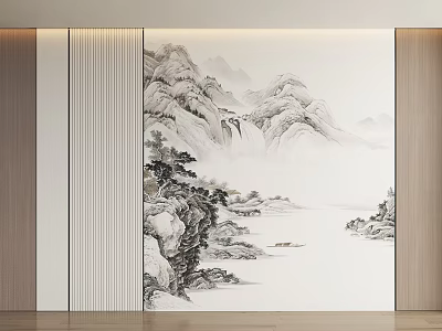 Modern Decorative Wall With Chinese Landscape Painting And Wooden Striped Panels Design 3d model