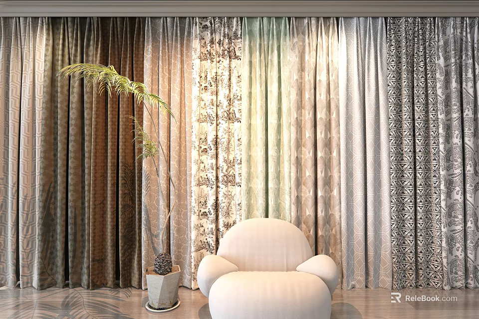 Stylish Curtains With Various Colors Patterns In Modern Interior Room Featuring White Chair And Plant 3d model 