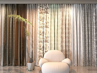 Stylish Curtains With Various Colors Patterns In Modern Interior Room Featuring White Chair And Plant 3d model