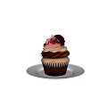 Delicious Cupcake with Swirls of Pink and White Cream and Chocolate Decorations on White Plate