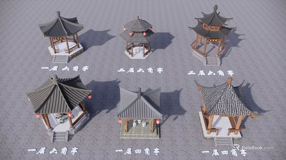 Traditional Chinese Pavilions Architectural Design With One Two Three Story Six Four Corner Styles 3d model 