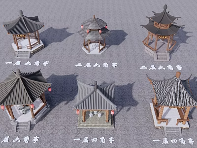 Traditional Chinese Pavilions Architectural Design With One Two Three Story Six Four Corner Styles 3d model