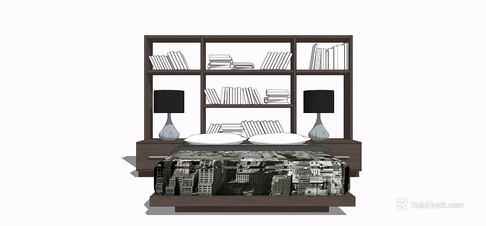 Double Bed with Bookshelf Headboard Filled with Books Side Nightstands and Table Lamps 3d model 