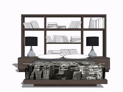 Double Bed with Bookshelf Headboard Filled with Books Side Nightstands and Table Lamps 3d model