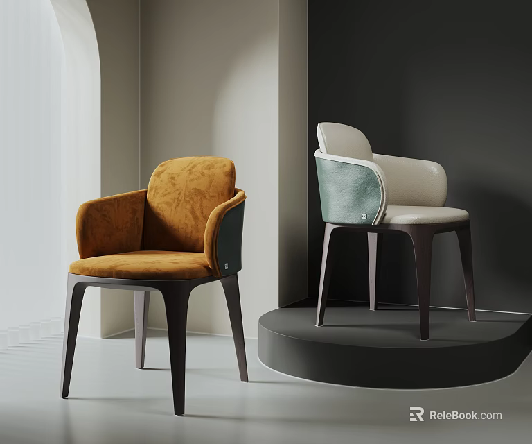 Modern Elegant Dining Chairs With Orange Green Upholstery Backrest Armrests On Display Stand 3d model 