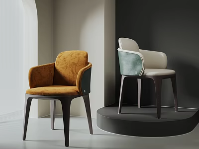 Modern Elegant Dining Chairs With Orange Green Upholstery Backrest Armrests On Display Stand 3d model
