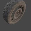 Worn Car Tire With Deep Tread And Rusty Metal Rim On Gray Background