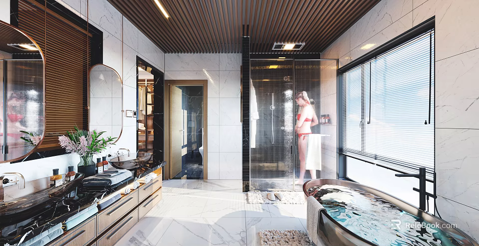 Modern Bathroom Interior Design With Glass Shower Marble Bathtub And Vanity Mirror 3d model 