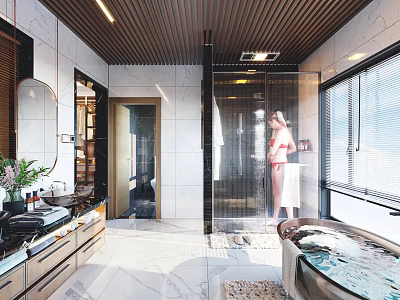 Modern Bathroom Interior Design With Glass Shower Marble Bathtub And Vanity Mirror 3d model