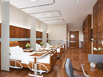 Modern Hospital Ward Interior Featuring Wooden Furniture Beds And Wooden Flooring 3d model