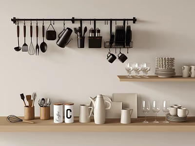 Kitchen Wall Mounted Utensil Rack With Spatulas Spoons Cups And Shelves With Glasses Plates Mugs 3d model