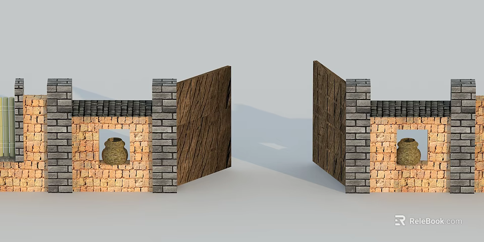 Wooden Swing Door In Brick Wall Structure With Small Window And Earthen Jar 3d model 