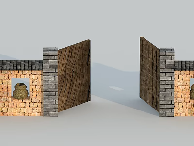 Wooden Swing Door In Brick Wall Structure With Small Window And Earthen Jar 3d model
