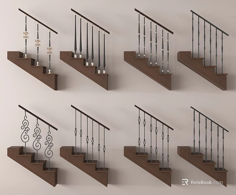 Various Stair Railings Designs With Wooden Steps And Metal Decorative Details 3d model 