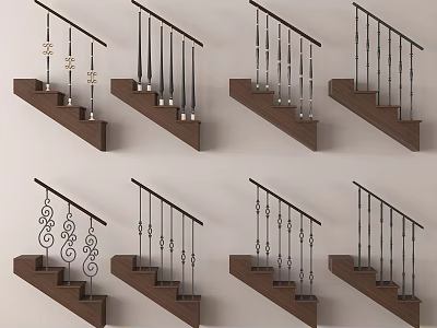 Various Stair Railings Designs With Wooden Steps And Metal Decorative Details 3d model