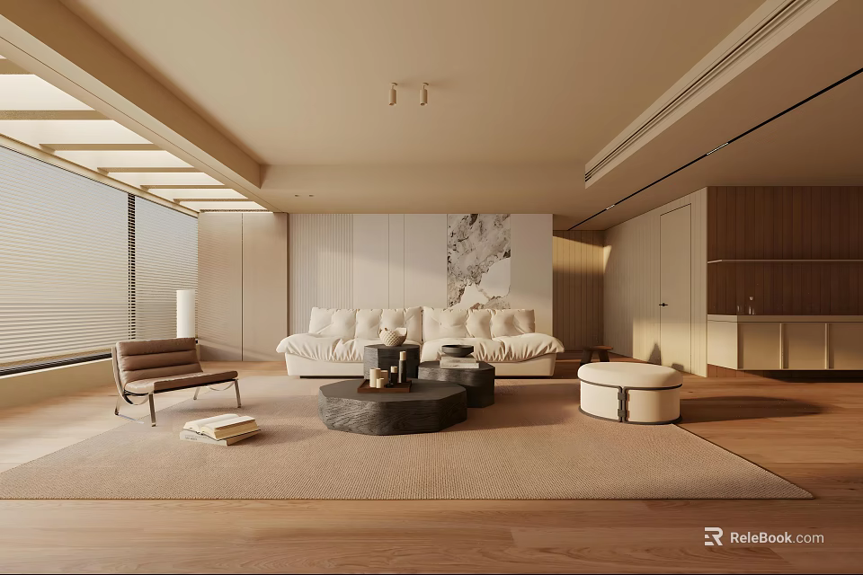 Modern Light Tones Living Room Interior With White Sofa Round Coffee Table And Wooden Floor 3d model 