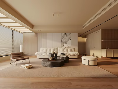 Modern Light Tones Living Room Interior With White Sofa Round Coffee Table And Wooden Floor 3d model