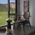 Modern Dining Chair By Window With White Curtains Green View Decorative Plant And Wall Art