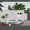 Tropical Garden Landscape With White Building Palm Trees Circular Window Outdoor Sofa And Steps