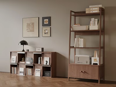 Modern Wooden Bookcase Interior With Books Photo Frames Wall Art And Lamp 3d model