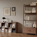 Modern Wooden Bookcase Interior With Books Photo Frames Wall Art And Lamp
