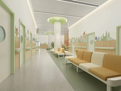 Child Friendly Corridor Waiting Area With Green Pillars Yellow Benches And Cartoon Decorations 3d model