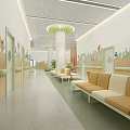 Child Friendly Corridor Waiting Area With Green Pillars Yellow Benches And Cartoon Decorations