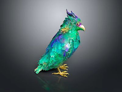 Colorful Flying Bird Sculpture with Vibrant Green Purple Blue Sequined Feathers and Golden Claws 3d model
