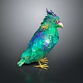 Colorful Flying Bird Sculpture with Vibrant Green Purple Blue Sequined Feathers and Golden Claws