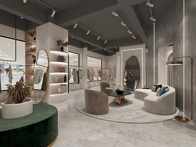 Modern Clothing Store Interior With Clothing Racks Sofas Round Rug And Decorative Mirrors 3d model