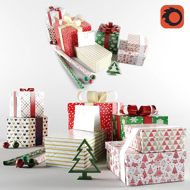 Festive Christmas Wall Decor with Colorful Gift Boxes Bows and Holiday Patterns 3d model 