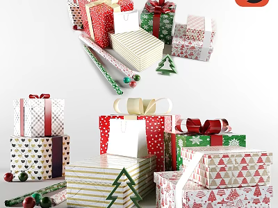 Festive Christmas Wall Decor with Colorful Gift Boxes Bows and Holiday Patterns 3d model