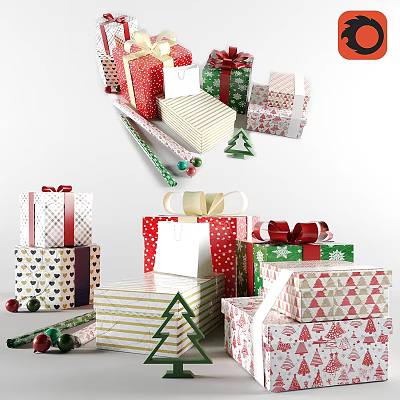 Festive Christmas Wall Decor with Colorful Gift Boxes Bows and Holiday Patterns 3d model