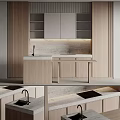 Modern Minimalist Kitchen Interior With Wooden Cabinets Open Gray Shelves Marble Countertop And Lighting