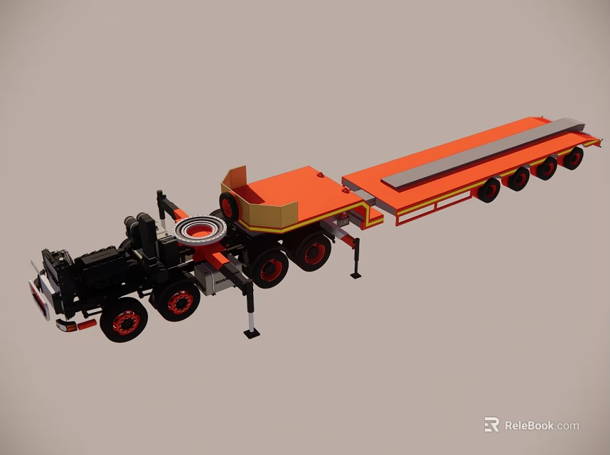 Orange Flatbed Trailer with Black Cab and Red Rimmed Multiple Wheels 3d model