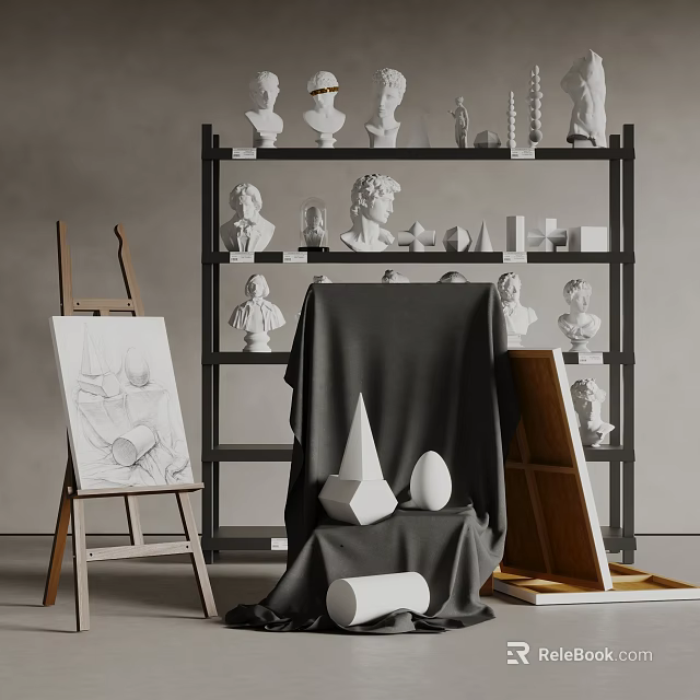 Art Supplies Setup Featuring Easel Sketch Sculpture Busts Geometric Models And Shelf 3d model 