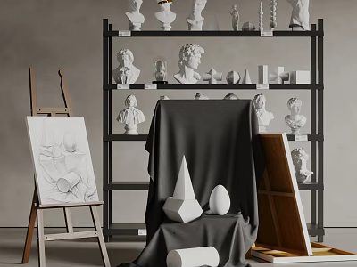Art Supplies Setup Featuring Easel Sketch Sculpture Busts Geometric Models And Shelf 3d model