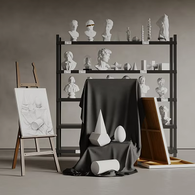 Art Supplies Setup Featuring Easel Sketch Sculpture Busts Geometric Models And Shelf 3d model