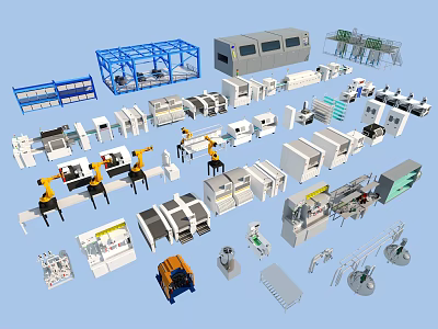 Industrial Factory With Robotic Arms Production Line Equipment And Storage Racks 3d model