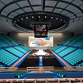 Spacious Indoor Sports Arena With Blue Seats Circular Structure And Large Screen