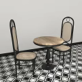 Round Dining Table Set With Black Frame Chairs Light Colored Seats On Geometric Tiles 3d model