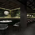 Modern Restaurant Interior With Red Black Decor Dining Tables Flowers And Pendant Lights