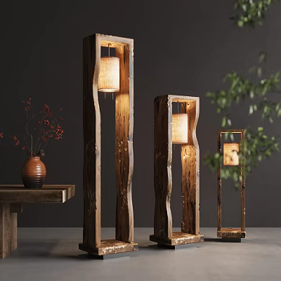 Rustic Wooden Floor Lamps With Natural Shades And Irregular Design In Modern Interior 3d model