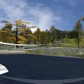 Waterfront Landscape with Modern High Rise Buildings Trees Yellow Leaves Grass and Rocks