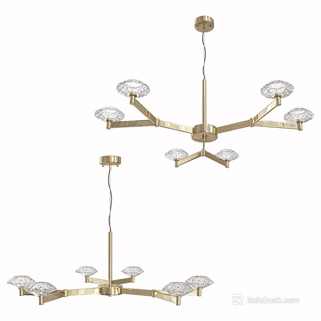 Modern Golden Multi Arm Chandelier With Crystal Glass Shades For Interior Decor 3d model 