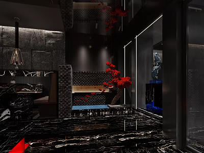 Luxurious Restaurant Interior With Black Marble Floors Red Floral Decor And Modern Lighting 3d model