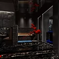 Luxurious Restaurant Interior With Black Marble Floors Red Floral Decor And Modern Lighting