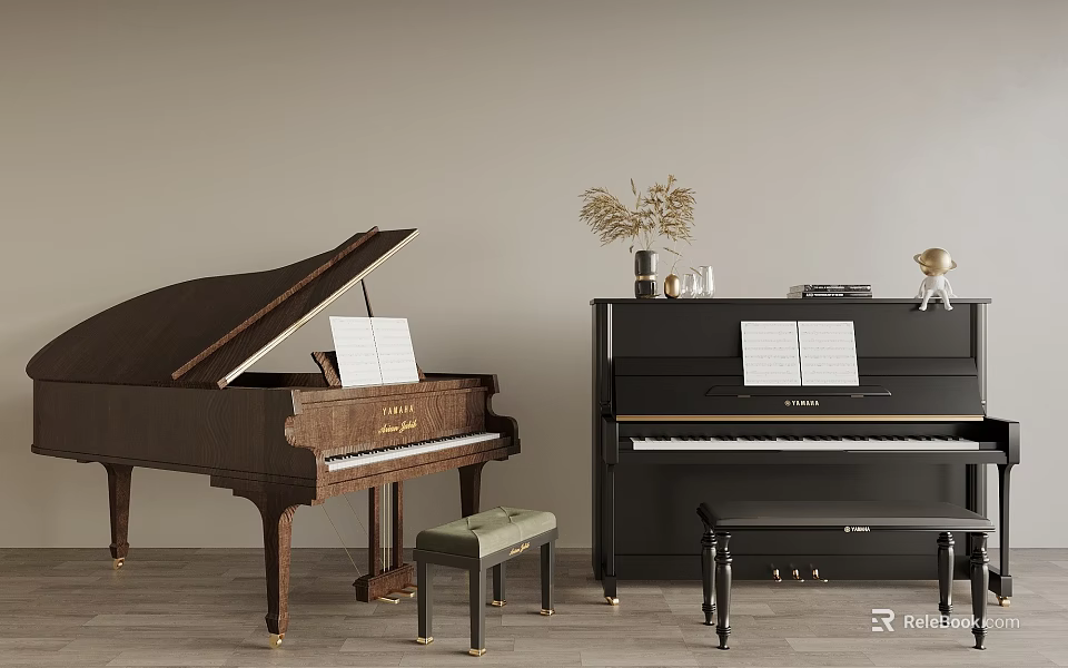 Classic Brown Grand Piano And Black Upright Piano With Music Sheets Stools And Decorative Items 3d model 