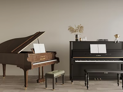 Classic Brown Grand Piano And Black Upright Piano With Music Sheets Stools And Decorative Items 3d model