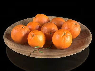 Fresh Oranges On Wooden Plate With Green Leaf And Black Background 3d model